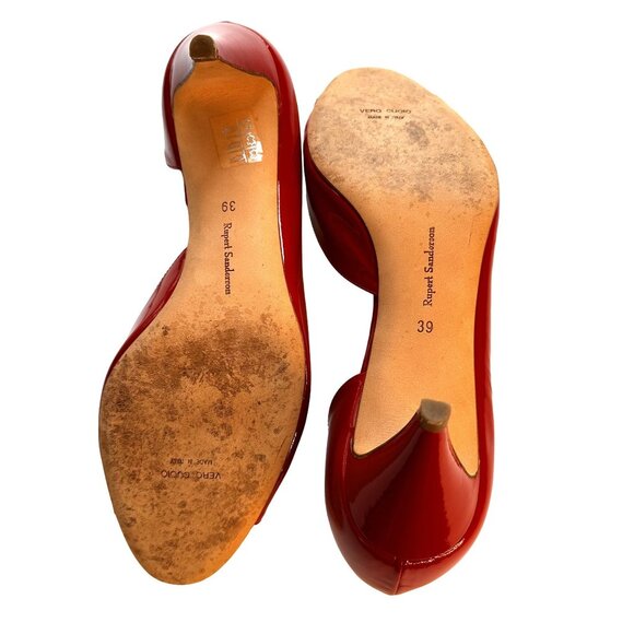 Rupert Sanderson Women Red Patent Leather Peep Toe Kitten Heel Pumps Sz 8 M EUC - Picture 10 of 10